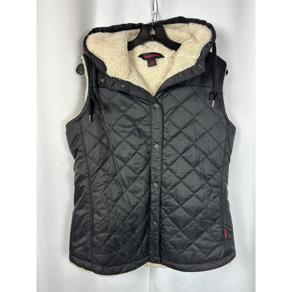 Tough Duck Black Quilted Sherpa Lined Hooded Puffer Vest Workwear Size Large